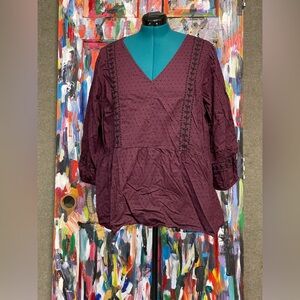 Lane Bryant Peasant Blouse 2XL - 22, maroon with black trim